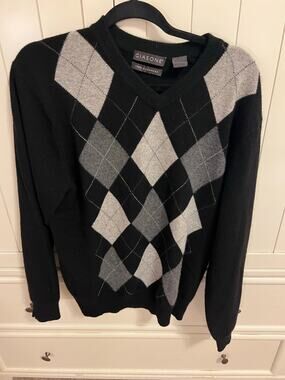 Giasone 100% Cashmere Argyle Sweater Men’s L Black Gray Preppy Y2K